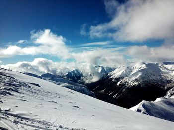 Scenic view of snow covered mountains