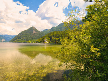 Scenic view of lake and mountains against sky