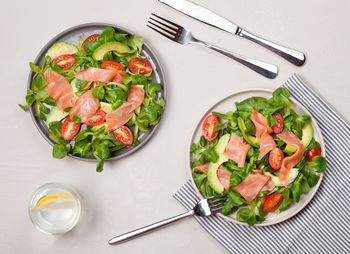 High angle view of salad in plate on table