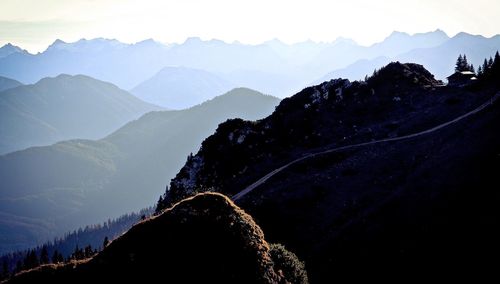 Scenic view of mountains against sky at sunset