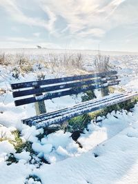 Scenic view of snow covered field against sky