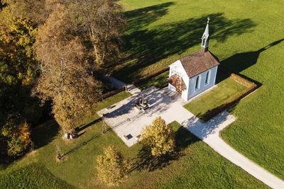 High angle view of built structure with trees in foreground