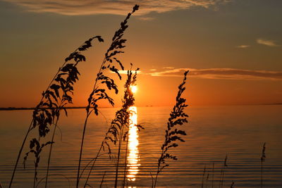 Scenic view of sea against romantic sky at sunset