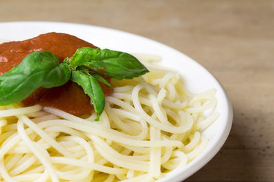 Close-up of pasta in plate on table