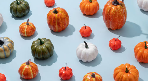 Pumpkin pattern, decorative pumpkins on a blue background high angle view.