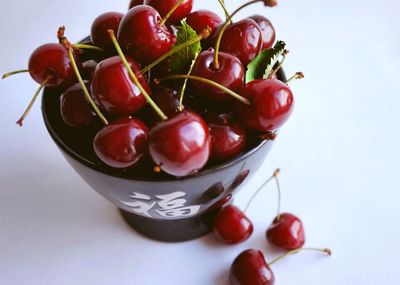 High angle view of cherries in bowl on white background