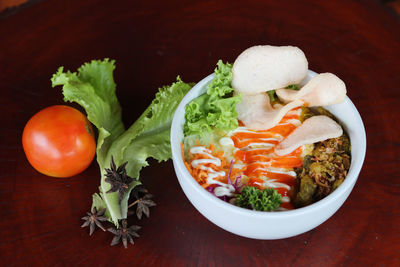 High angle view of vegetables in bowl on table