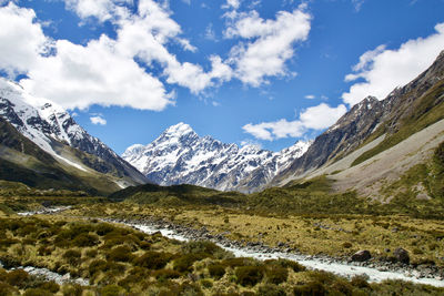 Scenic view of snowcapped mountains against sky