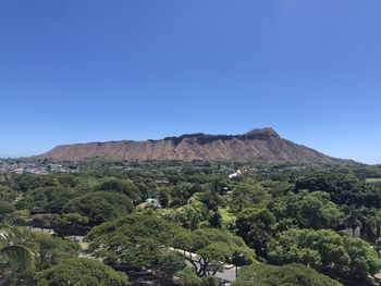 Scenic view of mountains against clear blue sky