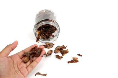Person holding glass of jar against white background