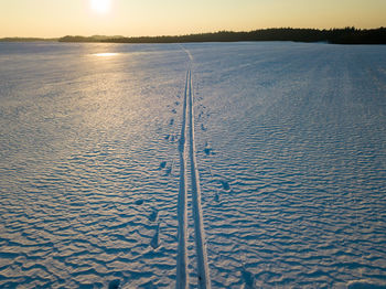 High angle view of snow covered land