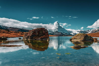 Scenic view of lake by snowcapped mountains against sky