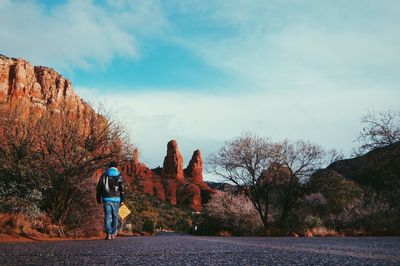 Rear view of man standing on road against rock formations and sky