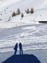 Shadow of people on snowy field during winter