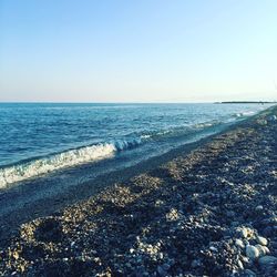 Scenic view of sea against clear blue sky