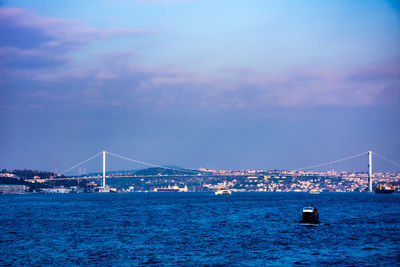 View of suspension bridge over sea