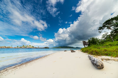 Scenic view of beach against cloudy sky