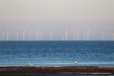 Wind turbines by sea against sky