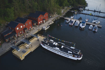 High angle view of boats moored in river
