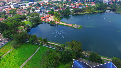 High angle view of lake by trees