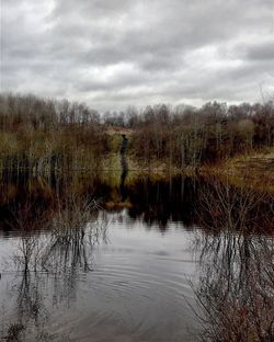 Scenic view of lake against cloudy sky