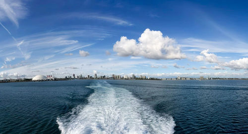 Panoramic view of sea against blue sky