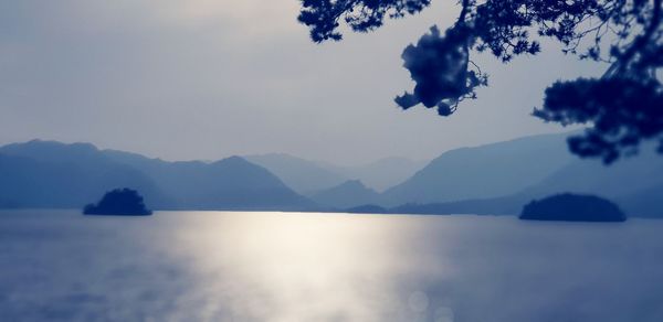 Scenic view of lake and mountains against sky