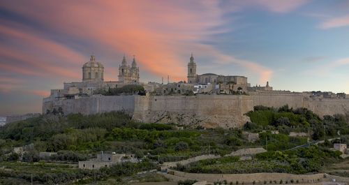 Panoramic view of buildings against sky during sunset