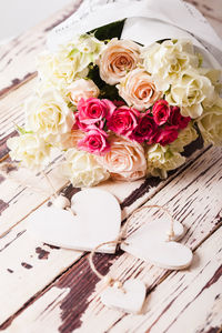 High angle view of roses on table