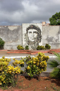 Statue by plants against sky