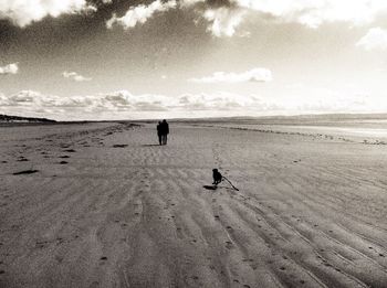 People with dog walking at beach against sky