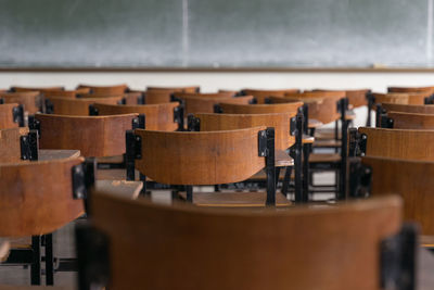 Empty chairs and tables in classroom