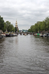 Scenic view of river by buildings against sky