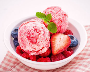 High angle view of ice cream with fruits in bowl on white background