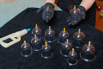 Vacuum vessels for the curative procedure of hijama bloodletting.