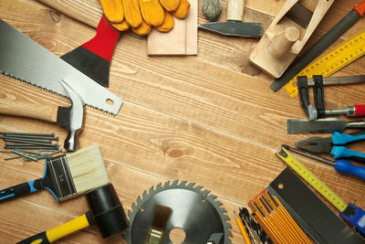 High angle view of tools on table