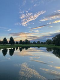 Scenic view of lake against sky at sunset