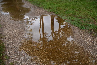 High angle view of wet road in puddle