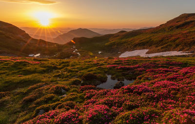 Scenic view of mountains against sky during sunset