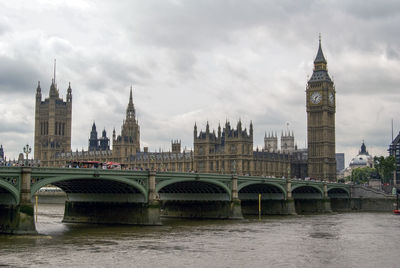 Bridge over river in city against cloudy sky