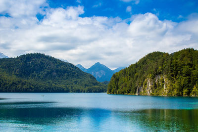 Scenic view of lake and mountains against sky