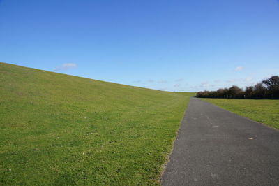 Scenic view of road amidst field against blue sky