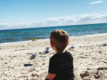 Rear view of baby boy sitting at beach on sunny day