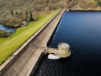 High angle view of dam with reservoir