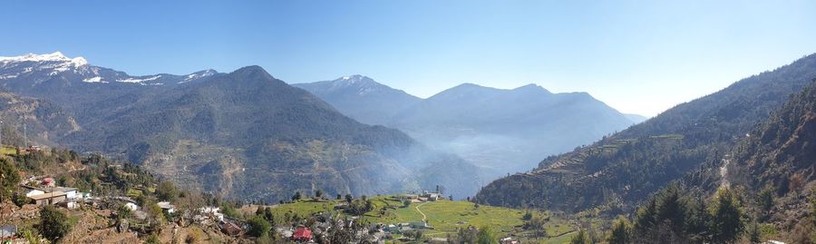 Panoramic view of mountains against clear sky