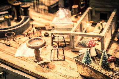 High angle view of incomplete christmas decoration on table