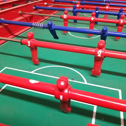 High angle view of soccer ball on table