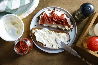 High angle view of breakfast on table