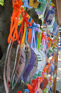 Close-up of clothes hanging for sale