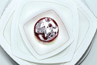 High angle view of cake in plate on table